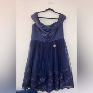 ChiChi London Curve Maeva Dress Navy Off Shoulder Floral Scalloped Bow Fit Flare